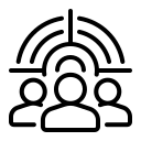 Ikonische Darstellung von 3 Personen vor einem Show-Symbol – Symbol für Gruppe, Gemeinschaft und Lehre bei touch and go Paragliding.