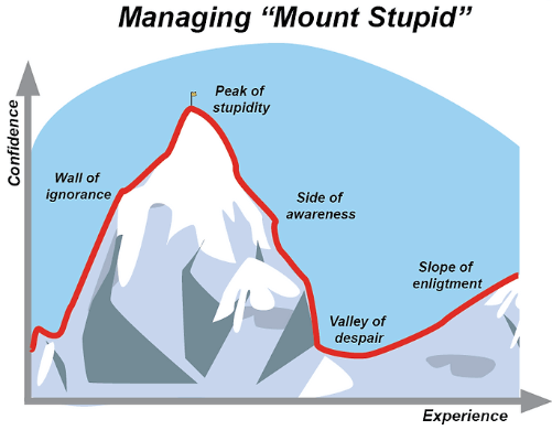 Der „Mount of Stupidity“ als Metapher für den Dunning-Krüger-Effekt, der beim Gleitschirmfliegen auftreten kann, wenn Anfänger überschätzen, was sie bereits wissen.
