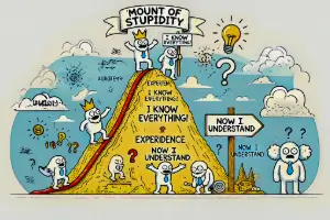 Der „Mount of Stupidity“ als Metapher für den Dunning-Krüger-Effekt, der beim Gleitschirmfliegen auftreten kann, wenn Anfänger überschätzen, was sie bereits wissen.
